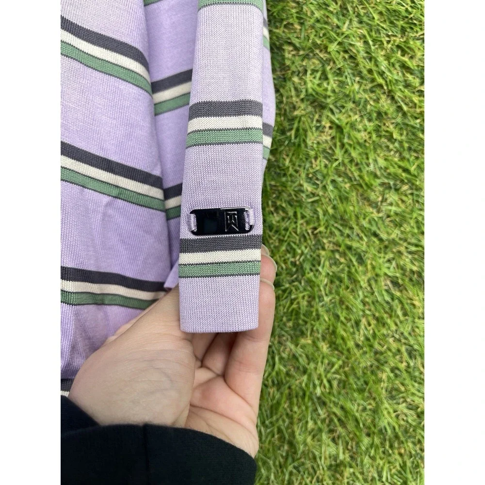 Tiger Woods Nike Polo Shirt Mens Large Striped Purple Golf Outdoor Beach Comfort